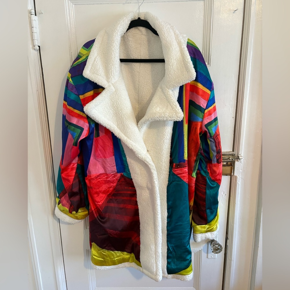 Multicolor Patchwork Teddy Jacket With White Lini… - image 1